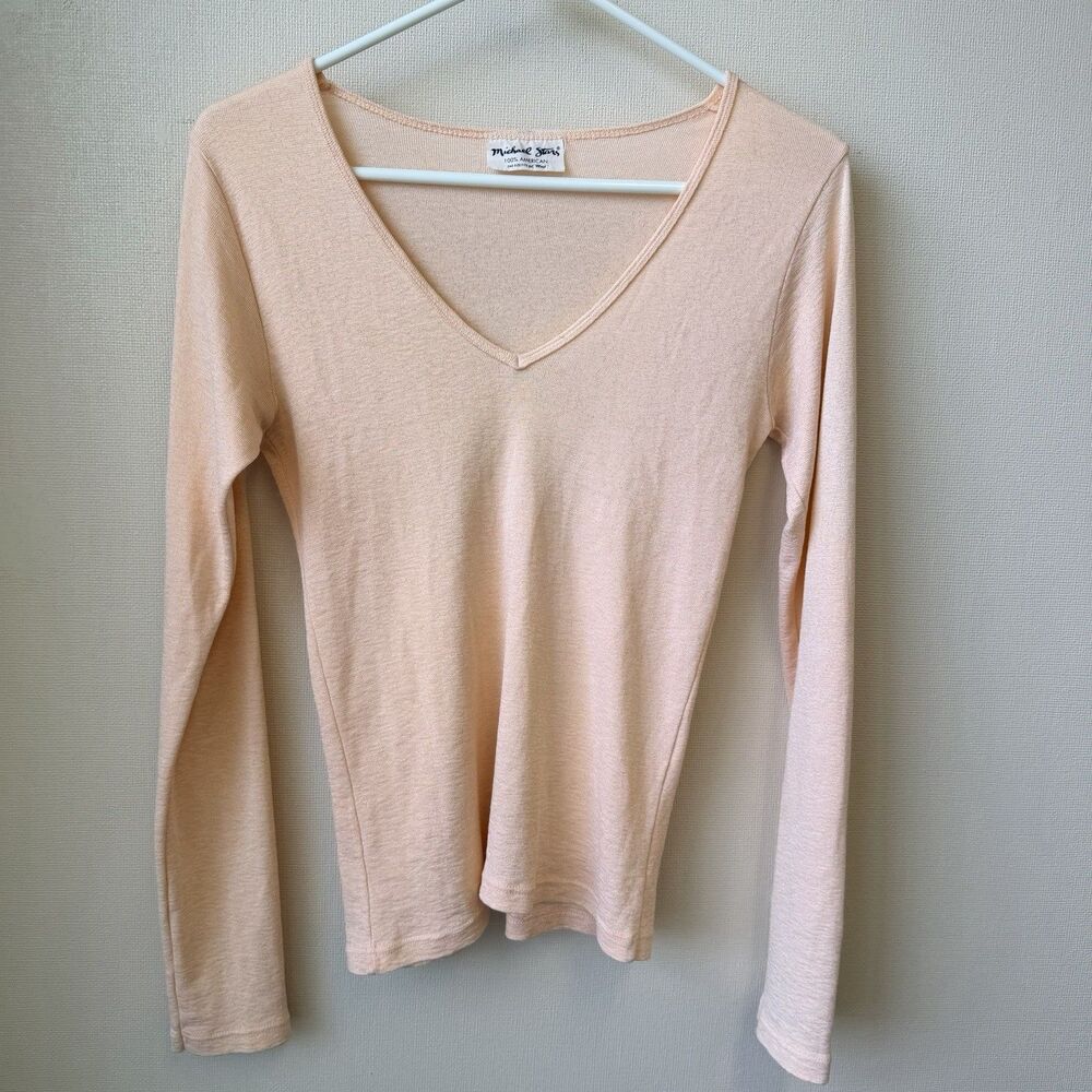 Michael Stars Peach V Neck Top One Size USA Made Stretch Fitted Minimalist Soft - Picture 2 of 9